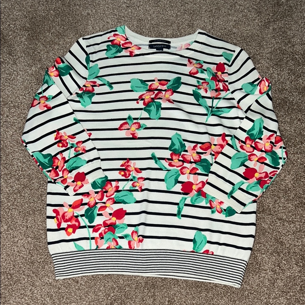 Lands' End Black and White Crew Neck Sweater with Floral Stripes